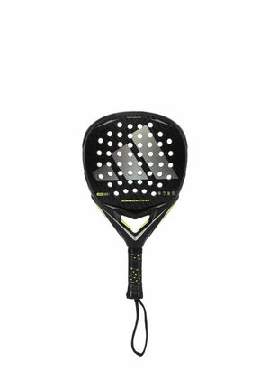 Racchetta da paddle nera con dettagli gialli e impugnatura testurizzata. Presenta una testa arrotondata, perforazioni per il contatto con la palla e un cinturino da polso.