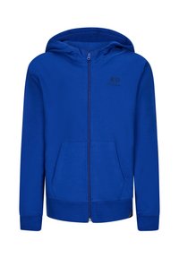 Felpa con zip blu realizzata in tessuto morbido, con tasca a marsupio, polsini a coste e un piccolo logo nella parte superiore sinistra del petto.