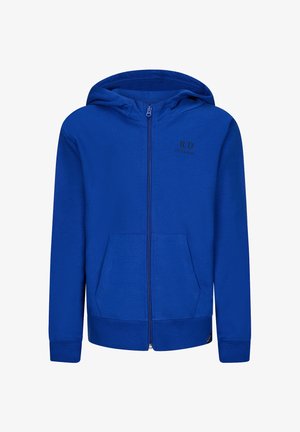 Felpa con zip blu realizzata in tessuto morbido, con tasca a marsupio, polsini a coste e un piccolo logo nella parte superiore sinistra del petto.