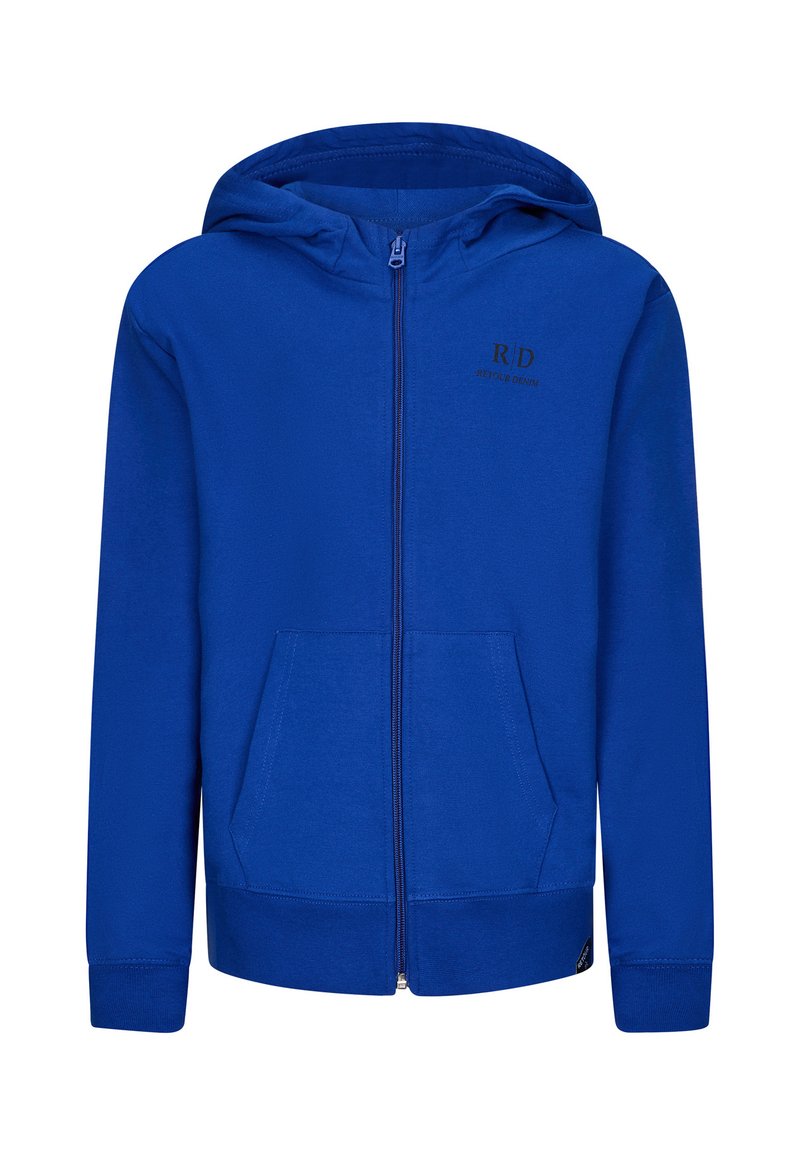 Felpa con zip blu realizzata in tessuto morbido, con tasca a marsupio, polsini a coste e un piccolo logo nella parte superiore sinistra del petto.