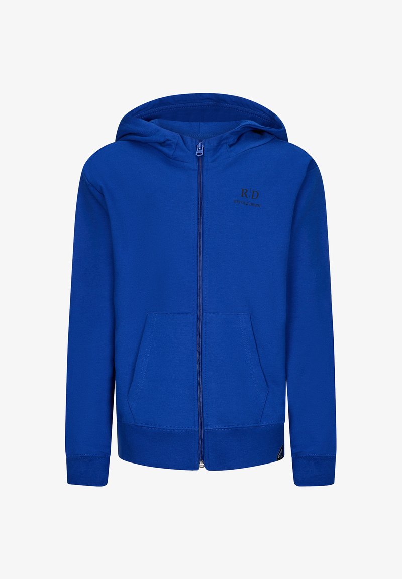 Felpa con zip blu realizzata in tessuto morbido, con tasca a marsupio, polsini a coste e un piccolo logo nella parte superiore sinistra del petto.