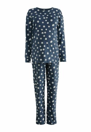 Marineblaue Pyjama-Set aus weicher Baumwolle mit weißen Punkten. Langärmliges Oberteil und passende Hose mit elastischem Bund.