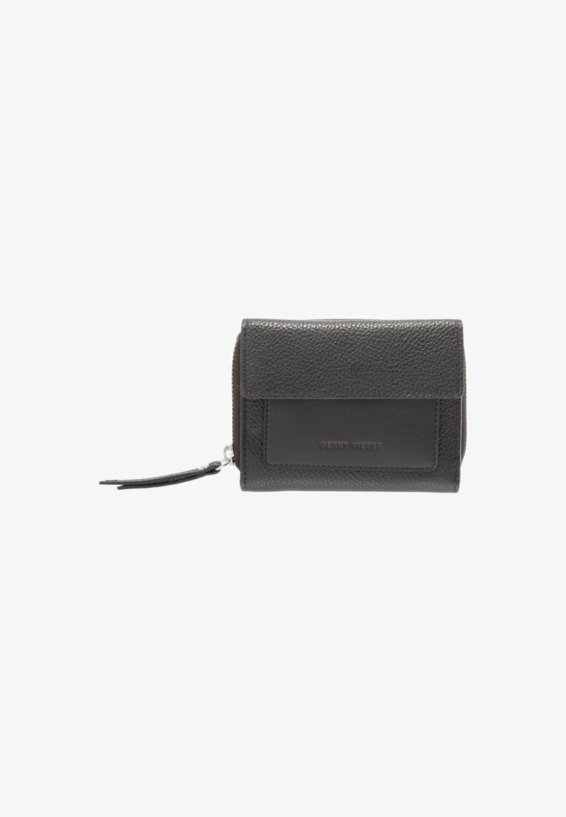 Portefeuille en cuir noir compact avec une surface texturée, doté d'une poche frontale et d'une fermeture éclair. Marque visible sur le devant.