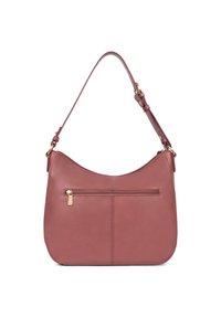 Borsa a spalla in pelle rosa con forma curvata, tracolla regolabile e tasca frontale con zip. Texture liscia con dettagli di cucitura minimi.