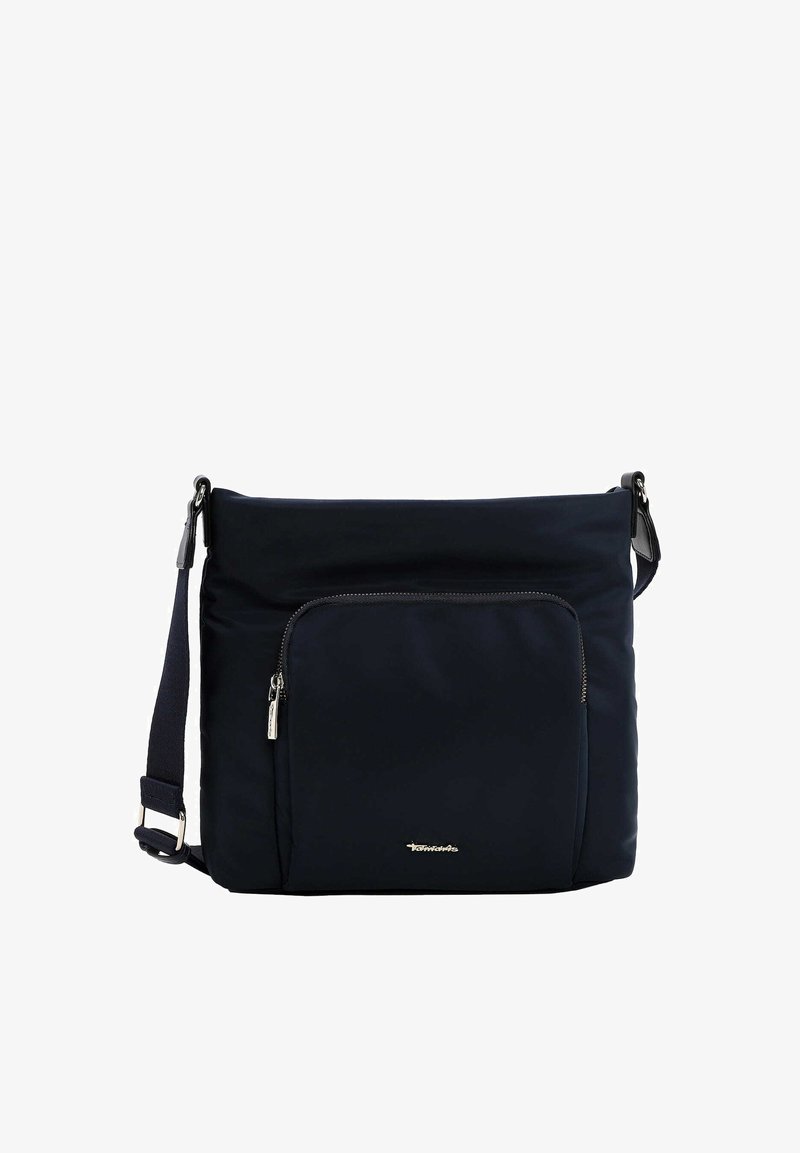 Tumesinine õlakott nailonist, millel on esiküljel tõmblukuga tasku, reguleeritav rihm ja alumisel esiküljel diskreetne metallist logo.