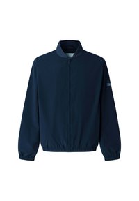 Veste bomber bleu marine avec fermeture éclair à l'avant, poignets et ceinture élastiques, avec un petit logo sur le haut de la manche gauche.