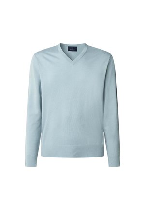V-neck sweater in light blue cotton blend. Features long sleeves, ribbed cuffs and hem, and a smooth texture. Simple, unadorned design.
