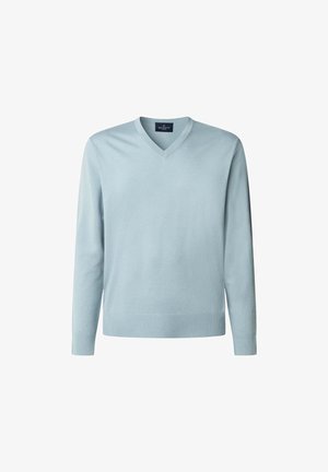 V-neck sweater in light blue cotton blend. Features long sleeves, ribbed cuffs and hem, and a smooth texture. Simple, unadorned design.