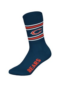 Námořnické ponožky s červenými a bílými pruhy nahoře; nápis "Bears" tučným červeným písmem na straně; hladká textura, žebrovaný lem.