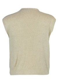 Gilet en tricot beige sans manches avec ourlet côtelé et encolure ronde, vu de dos.