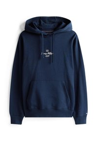 Felpa blu navy in cotone, con tasca frontale, cappuccio regolabile con lacci e logo ricamato sul petto.