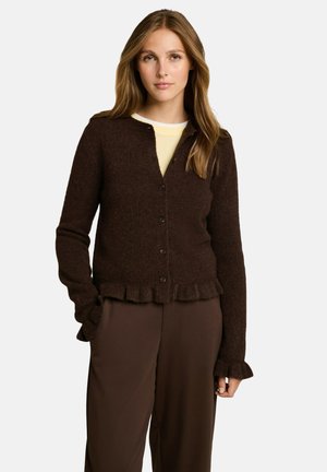 TOM TAILOR, KNIT COSY CARDIGAN WITH FRILLS - Cardigan - cool dark brown melange