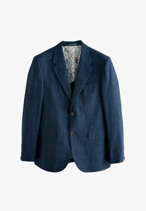 Navy blue blazer with plaid pattern, single-breasted design, notched lapels, two front pockets, and a floral printed lining.