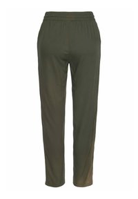 Olijfgroene broek met een relaxte pasvorm, elastische tailleband en taps toelopende pijpen. Soepele textuur en minimale details. Ingezette zijzakken.