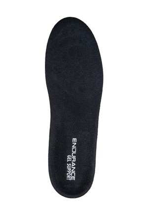 Sort gel indlægssål med en blød tekstureret overflade. Har "ENDURANCE GEL SUPPORT" branding i hvid på siden. Ergonomisk form for komfort.