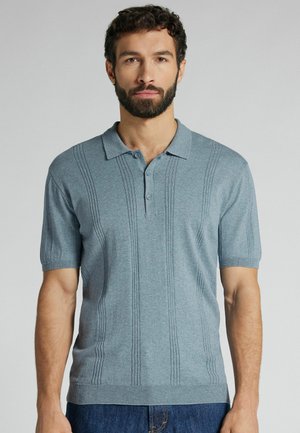 Mann mit kurzen lockigen Haaren und Bart, der ein kurzärmeliges, blaues Strick-Poloshirt und blaue Jeans vor einem schlichten grauen Hintergrund trägt.