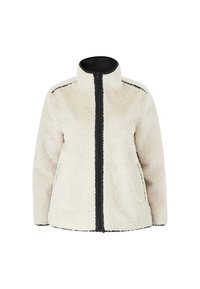 Crèmegekleurde fleece jas met een rits aan de voorkant, hoge kraag en zwarte accenten langs de schouders en rits. Zacht, gestructureerd materiaal.