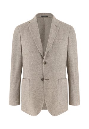 Veste blazer beige clair pour homme, à deux boutons, col cranté, trois poches avant, fabriquée en tissu texturé.
