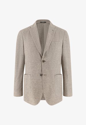 Veste blazer beige clair pour homme, à deux boutons, col cranté, trois poches avant, fabriquée en tissu texturé.