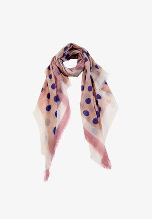 Let tørklæde i gennemsigtig stof med en blanding af bløde pastelfarver og store blå polkaprikker, med flossede kanter.
