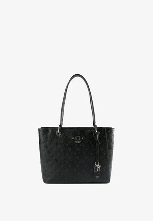 Zwarte draagtas van geperst synthetisch leer, met een glanzend logo, dubbele handvatten en een afneembaar sleutelhangeraccessoire.