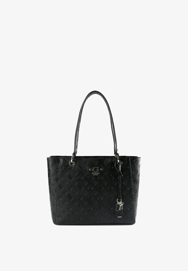 Zwarte draagtas van geperst synthetisch leer, met een glanzend logo, dubbele handvatten en een afneembaar sleutelhangeraccessoire.