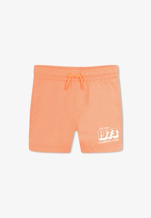 Shorts de bain orange en matière légère. Dotés d'une ceinture élastique avec un cordon de serrage et d'un logo blanc "1973 Timberland".