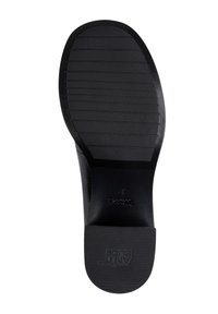 Semelle de chaussure en caoutchouc noir avec un motif de grip texturé, forme légèrement courbée et marquage en relief dans la zone du talon. Taille 37 indiquée.