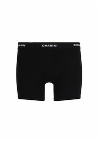 Schwarze Boxershorts aus Stretchstoff. Mit einem weißen "CHASIN'" Logo auf dem elastischen Bund. Glatte Textur, kurzes Bein-Design.