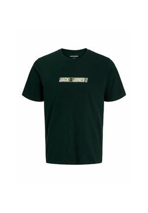 Sort T-shirt med korte ærmer og rund halsudskæring med "JACK & JONES" logo i beige og hvid placeret midt på brystet.