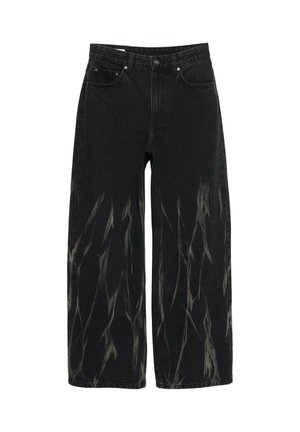 Schwarzweite Jeans mit einem ausgebleichten, abgetragenen Muster in helleren Farbtönen. Verfügt über das klassische Fünf-Taschen-Design und Metallbeschläge.