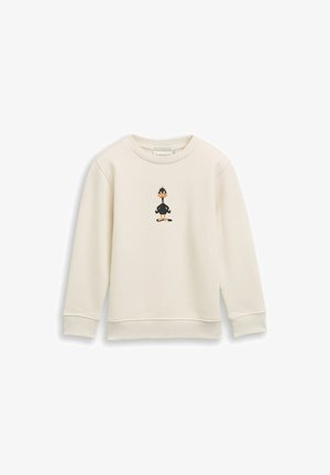 Kreemivärvi sweatshirth, mis on valmistatud puuvillast, ribidega manches ja äär. Esipaneelil on joonistus multifilmi part.