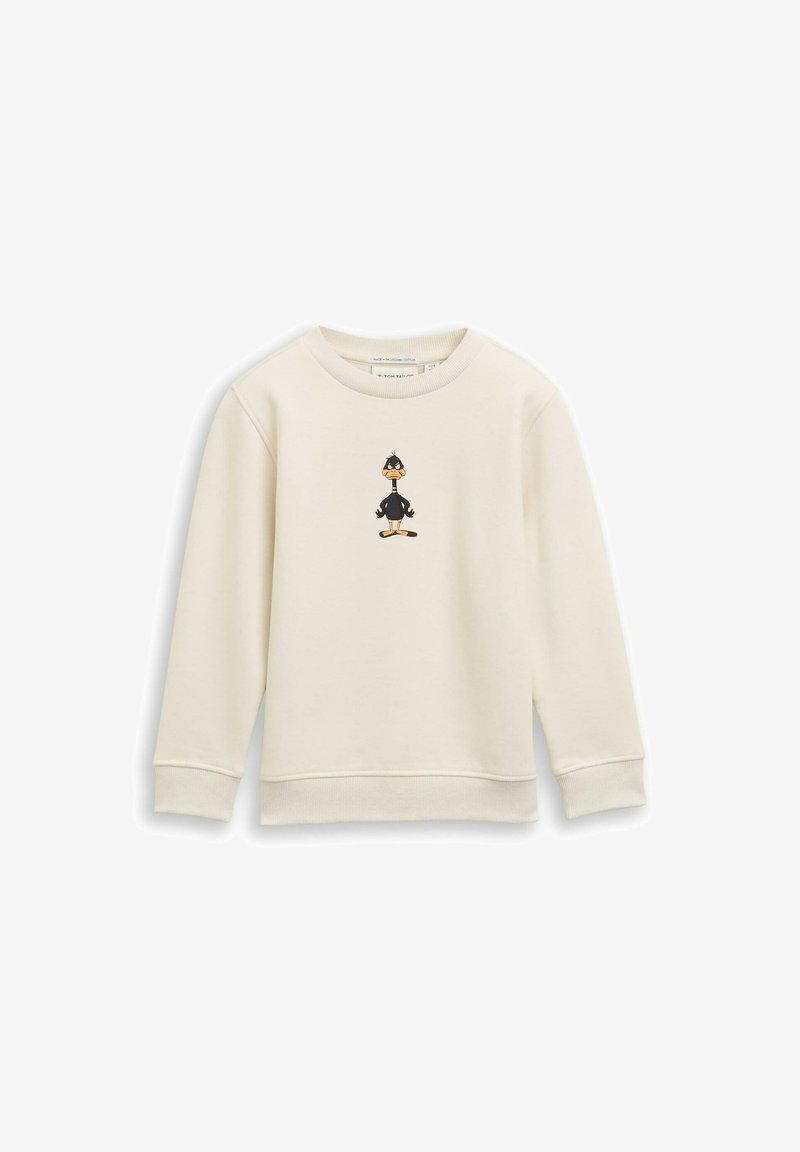 Felpa color crema realizzata in cotone con polsini e orlo a coste. Presenta un'illustrazione di un'anatra cartone al centro.