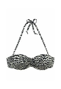 Zwart-wit gestreepte bikini-top met een bandontwerp; heeft een geplooid middenstuk, een gladde stoftextuur en verstelbare striksluitingen.