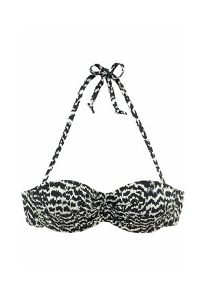 Schwarz-weißer gestreifter Bikini-Oberteil mit Trägerdesign; verfügt über eine geraffte Mitte, glatte Stoffstruktur und verstellbare Bindeschließen.
