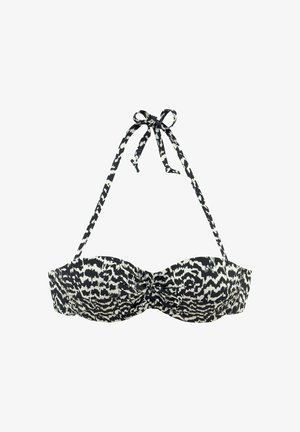 Schwarz-weißer gestreifter Bikini-Oberteil mit Trägerdesign; verfügt über eine geraffte Mitte, glatte Stoffstruktur und verstellbare Bindeschließen.