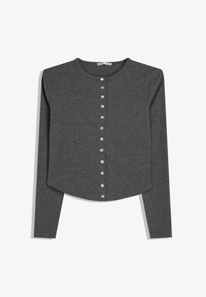 Gray long-sleeve cardigan made of soft fabric, featuring a rounded neckline and a front button closure with light-colored buttons.