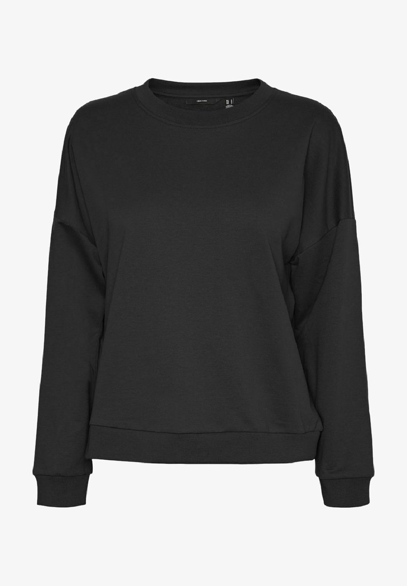 Sweat-shirt noir à manches longues avec col rond, poignets et ourlet côtelés, coupe décontractée et tissu en coton lisse.