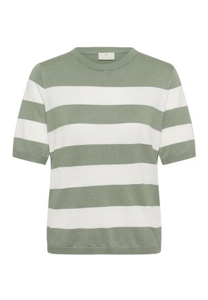 Strickoberteil mit kurzen Ärmeln, breiten, horizontalen Streifen in Salbeigrün und Weiß, Rundhalsausschnitt sowie gerippten Bündchen und Saum.