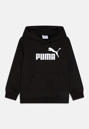 Schwarzer Kapuzenpullover aus Baumwolle mit einer Fronttasche und einem weißen Puma-Logo auf der Brust. Weicher Stoff und gerippte Bündchen.