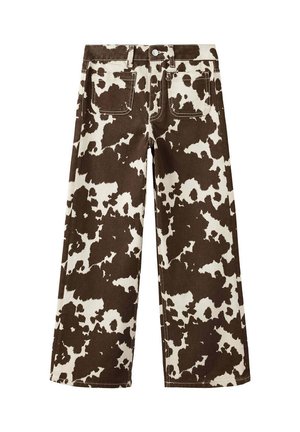 Jean à jambes larges avec taille haute et motif vache marron et blanc, doté de poches avant et de passants de ceinture.