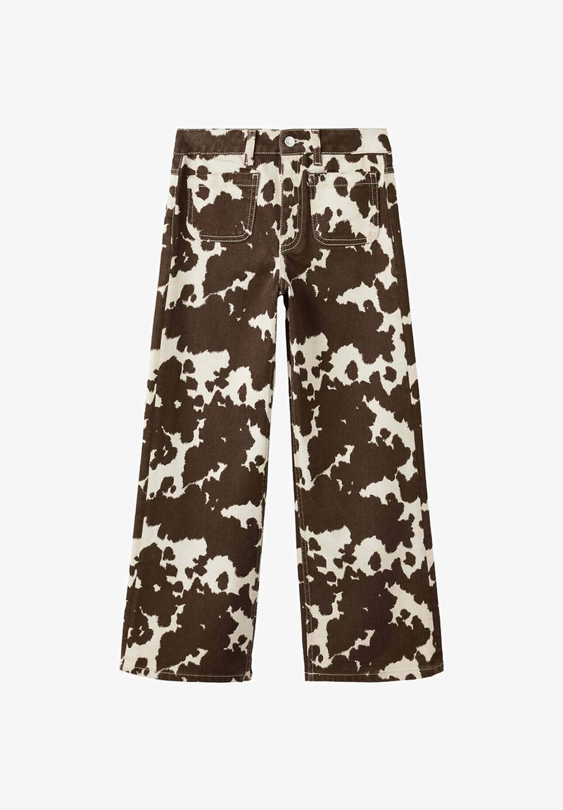 Jean à jambes larges avec taille haute et motif vache marron et blanc, doté de poches avant et de passants de ceinture.