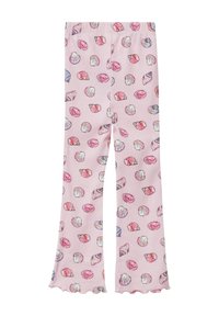 Różowe legginsy z wzorem muszli w różnych pastelowych kolorach, wykonane z prążkowanego materiału z rozszerzanym dołem i falbaniastymi krawędziami.