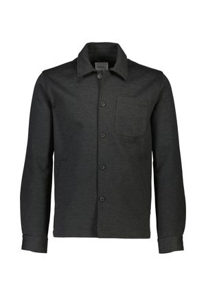 Dark gray button-up jacket with a collar, single chest pocket, long sleeves, and slightly textured fabric. Five front buttons as closure.