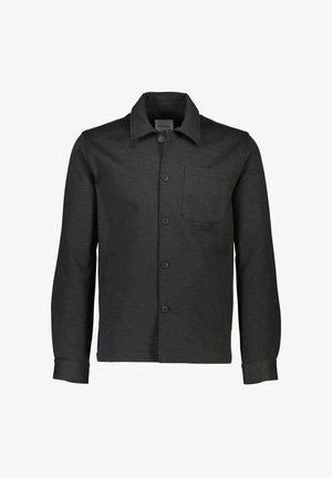 Mörkgrå knäppt jacka med krage, en bröstficka, långa ärmar och något strukturerad tyg. Fem framknappar som stängning.