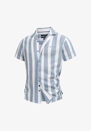 Korte mouwen, knoopshirt in lichtblauw met witte verticale strepen; linnen materiaal; heeft een klein logo en vier knopen.