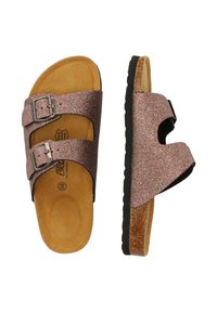 Glittriga rosa slidesandaler med två justerbara spännen, korkfotbädd och texturerad svart sula. Öppen tådesign för andningsförmåga.