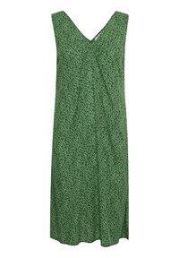 Vestido verde sin mangas con escote en V, patrón de estampado de leopardo y diseño drapeado. Hecho de una tela ligera con un corte relajado.