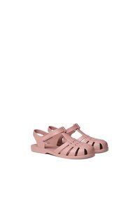 Rosa gummisandaler med utskärningsdesign, justerbart band och liten klack. Har öppna sidor och tåskydd för ventilation.