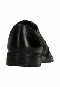 Zwarte leren dresschoenen met een gladde afwerking, brogue-details, ronde neus en een lage, platte rubberen zool.